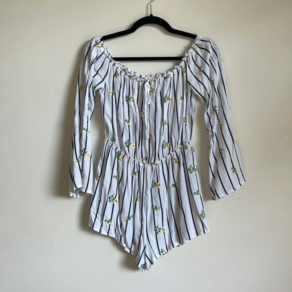 Striped embroidered flower romper